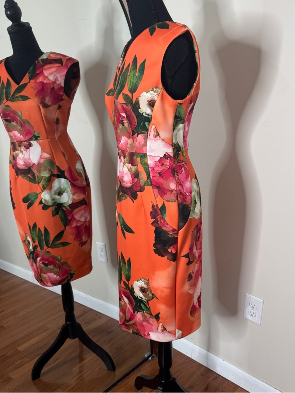 CALVIN KLEIN Orange Pink Floral Sheath Sleeveless Dress Size 8 - Picture 2 of 5